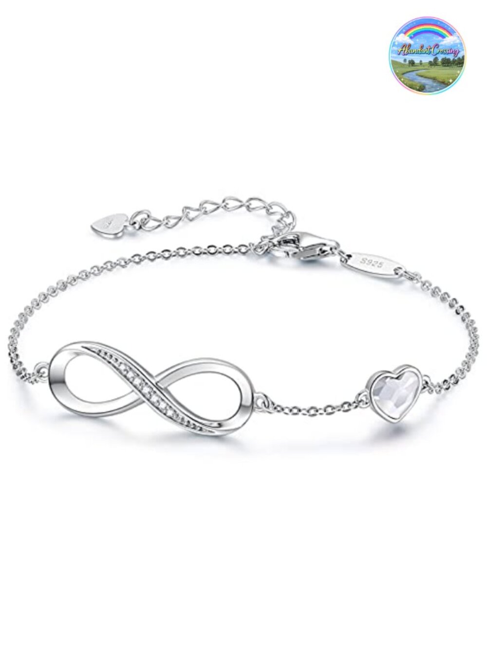 Sterling Silver Infinity Heart Bracelet w/ Sparkling Crystals Adjustable